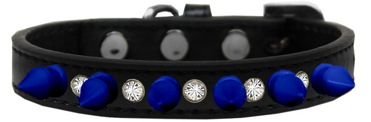 Crystal and Blue Spikes Dog Collar Black Size 16